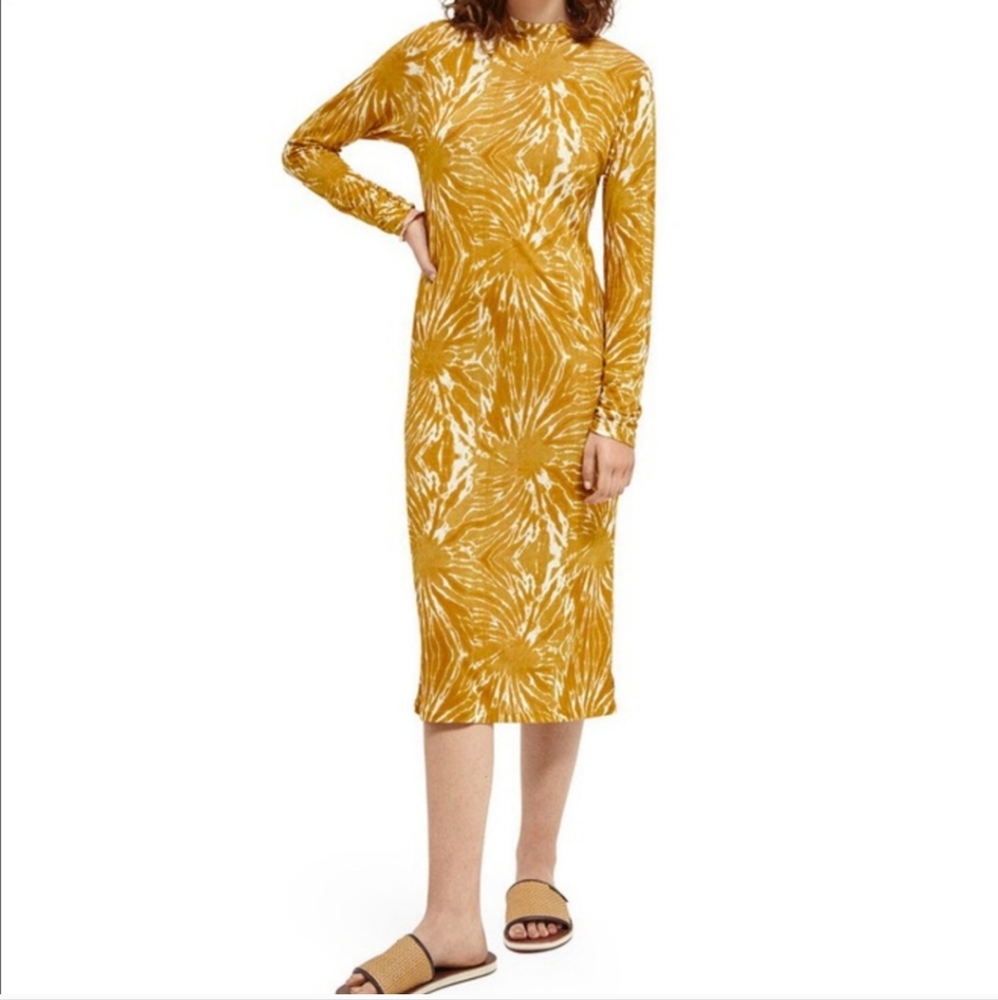 Scotch & Soda Mustard Yellow And White Long Sleeve Midi Dress